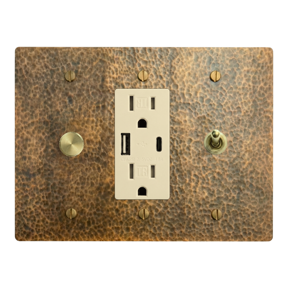 Hammered Brass 3-Gang Dimmer, USB Outlet & Vintage Toggle Switch Plate in Ivory
