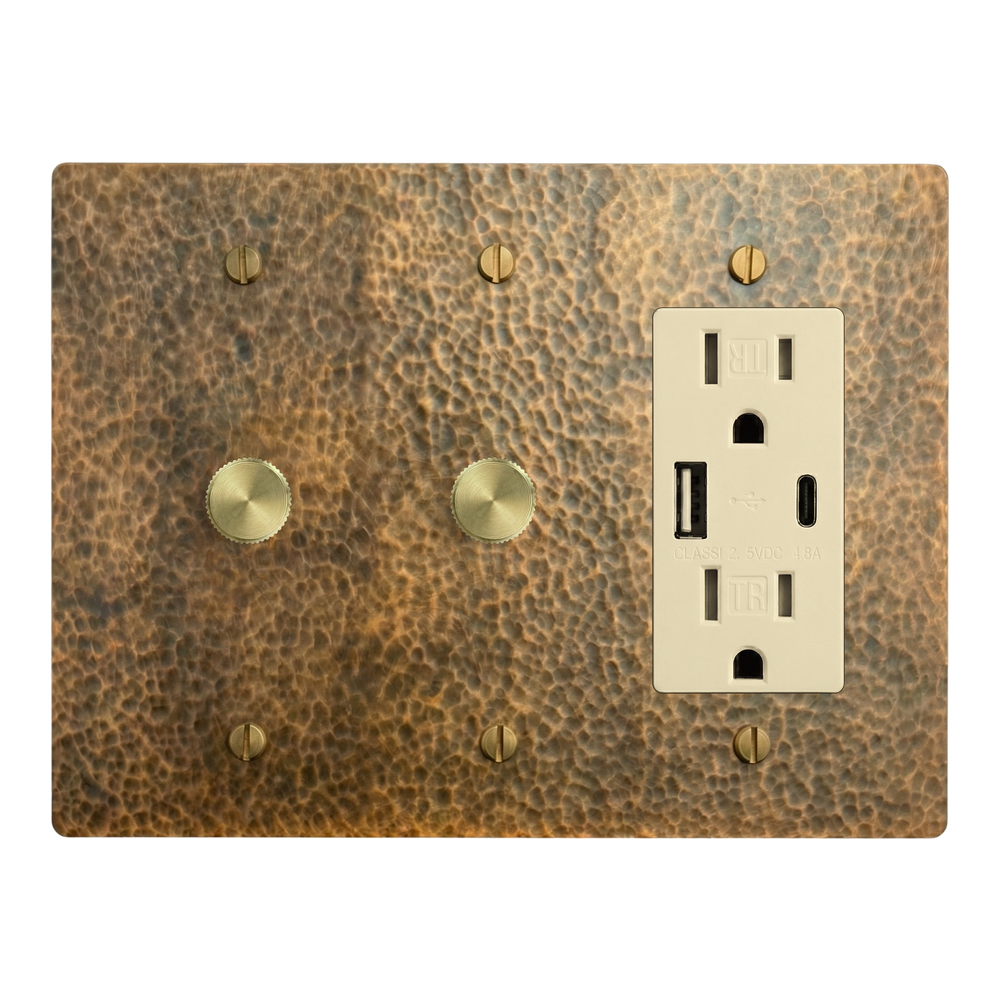 Hammered Brass 3-Gang Dimmer, Dimmer & USB Outlet Switch Plate in Ivory
