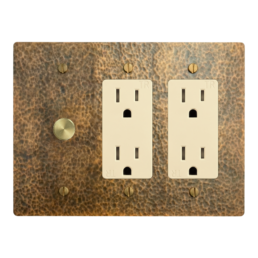 Hammered Brass 3-Gang Dimmer, Duplex Outlet & Duplex Outlet Switch Plate in Ivory
