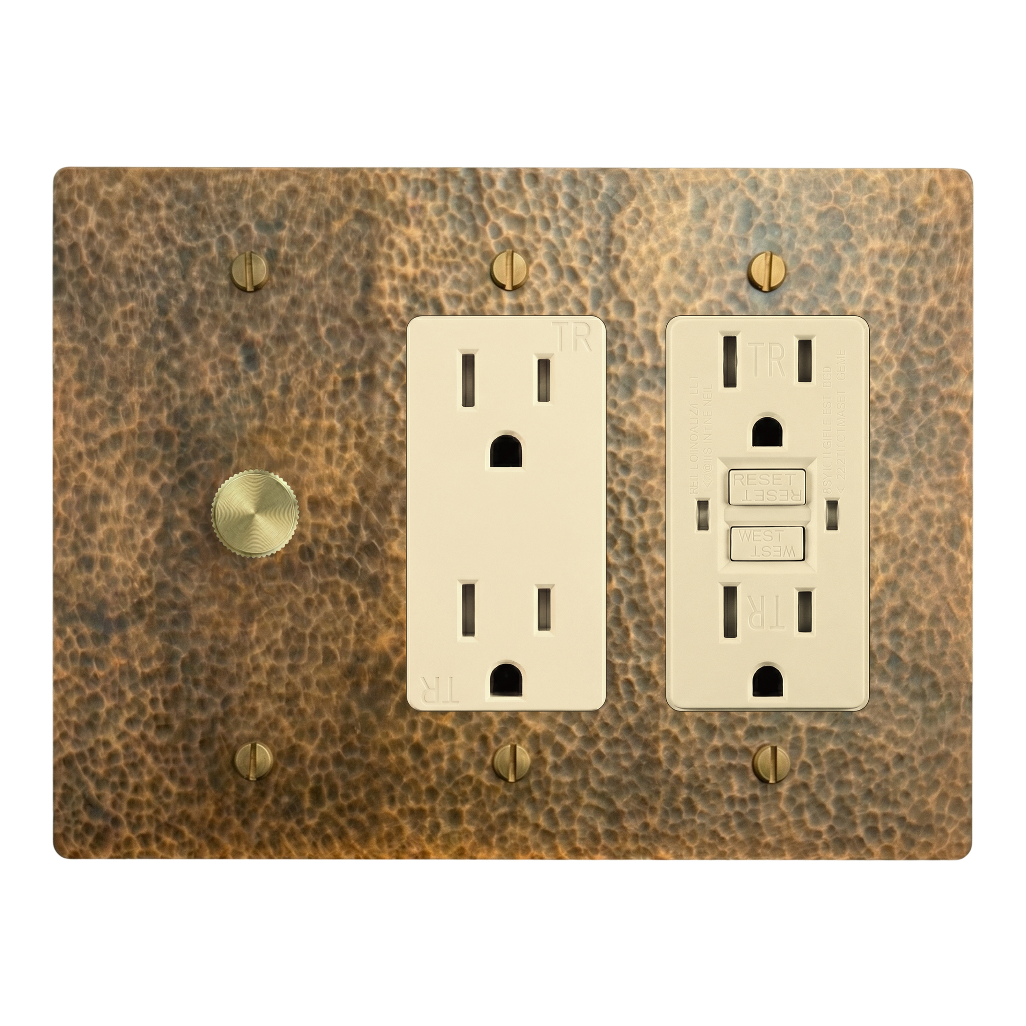 Hammered Brass 3-Gang Dimmer, Duplex Outlet & GFCI Outlet Switch Plate in Ivory