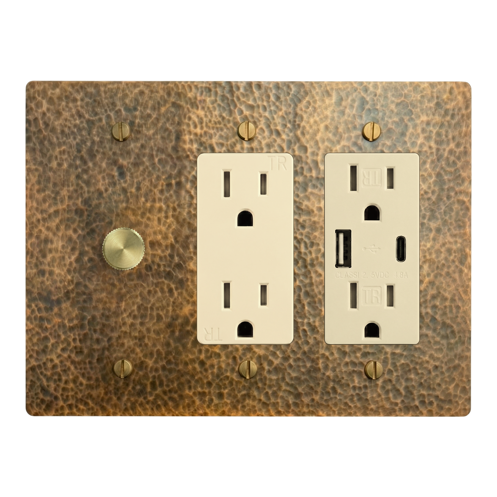 Hammered Brass 3-Gang Dimmer, Duplex Outlet & USB Outlet Switch Plate in Ivory