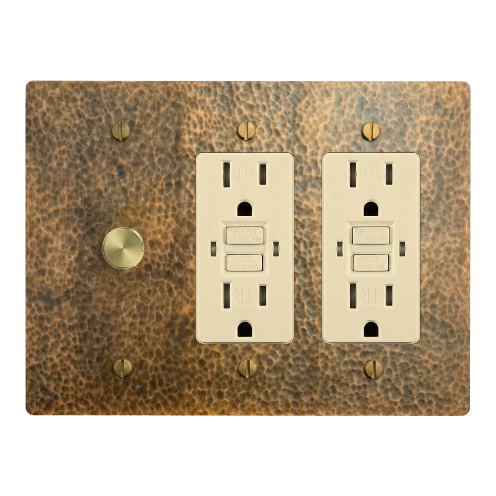 Hammered Brass 3-Gang Dimmer, GFCI Outlet & GFCI Outlet Switch Plate in Ivory