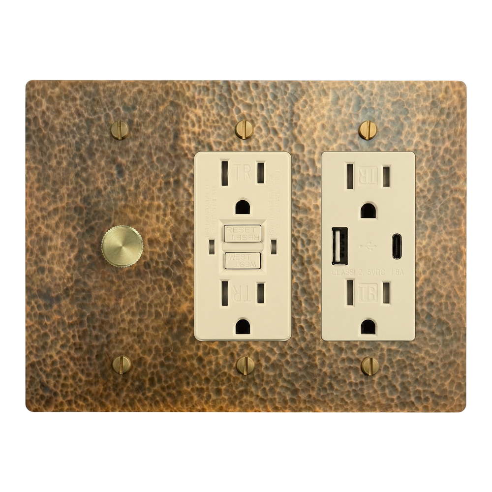 Hammered Brass 3-Gang Dimmer, GFCI Outlet & USB Outlet Switch Plate in Ivory
