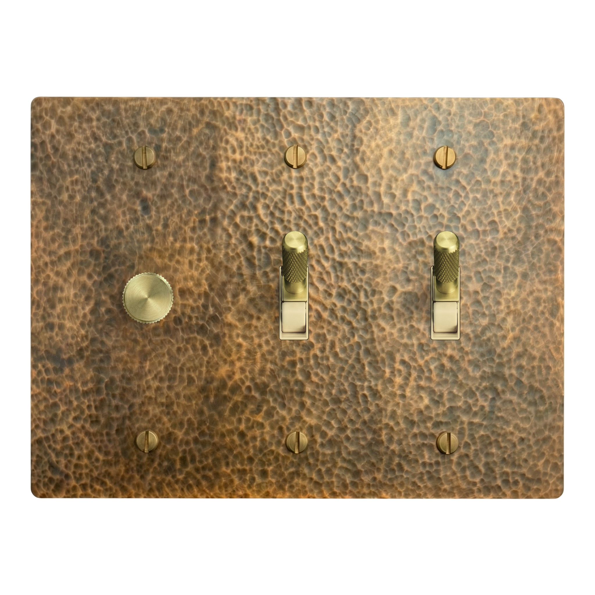 Hammered Brass 3-Gang Dimmer, Toggle & Toggle Switch Plate in Ivory