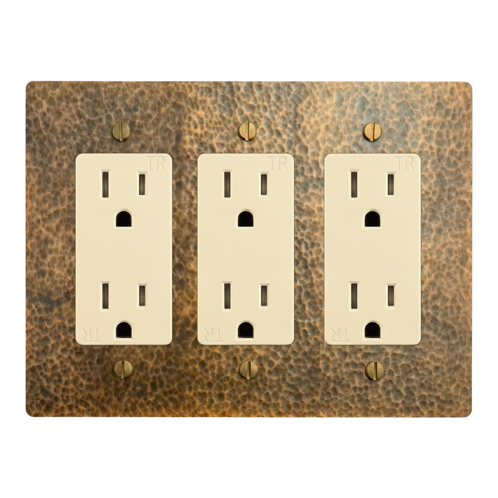 Hammered Brass 3-Gang Duplex Outlet, Duplex Outlet & Duplex Outlet Switch Plate in Ivory
