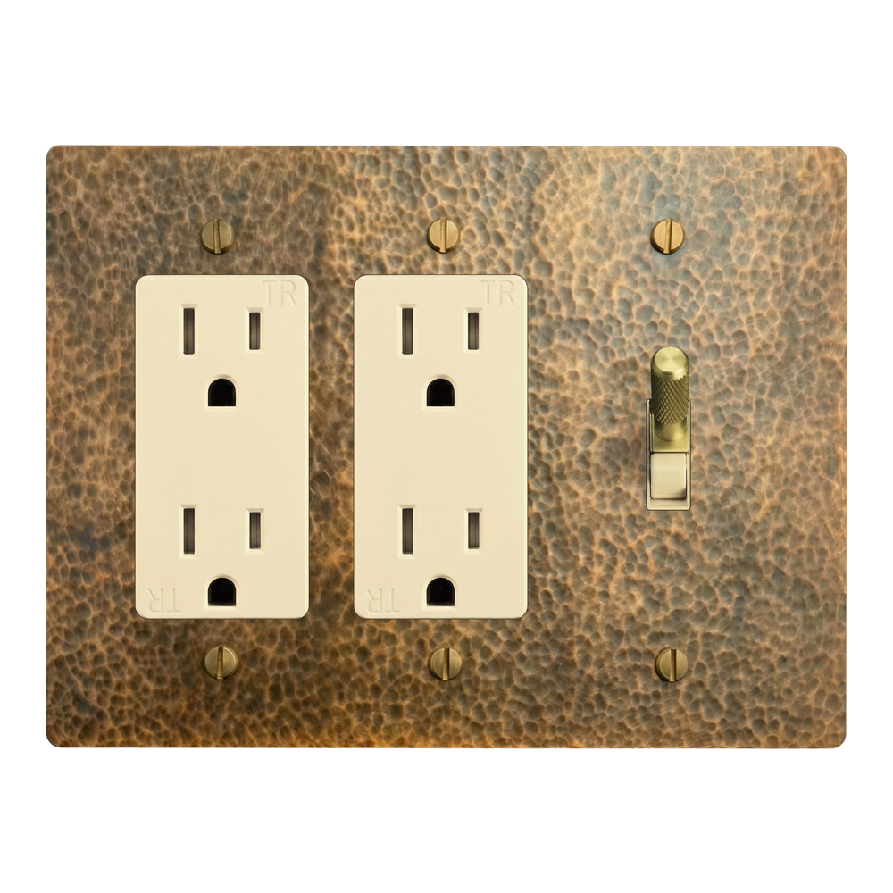 Hammered Brass 3-Gang Duplex Outlet, Duplex Outlet & Toggle Switch Plate in Ivory