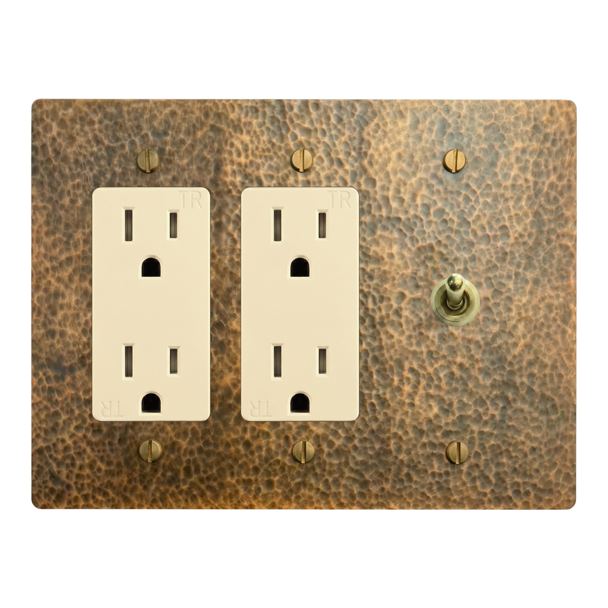 Hammered Brass 3-Gang Duplex Outlet, Duplex Outlet & Vintage Toggle Switch Plate in Ivory