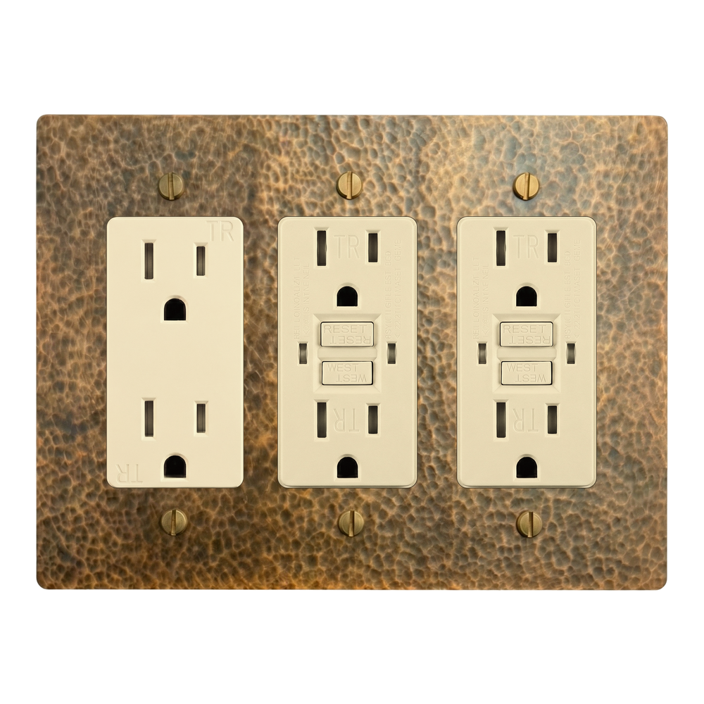 Hammered Brass 3-Gang Duplex Outlet, GFCI Outlet & GFCI Outlet Switch Plate in Ivory