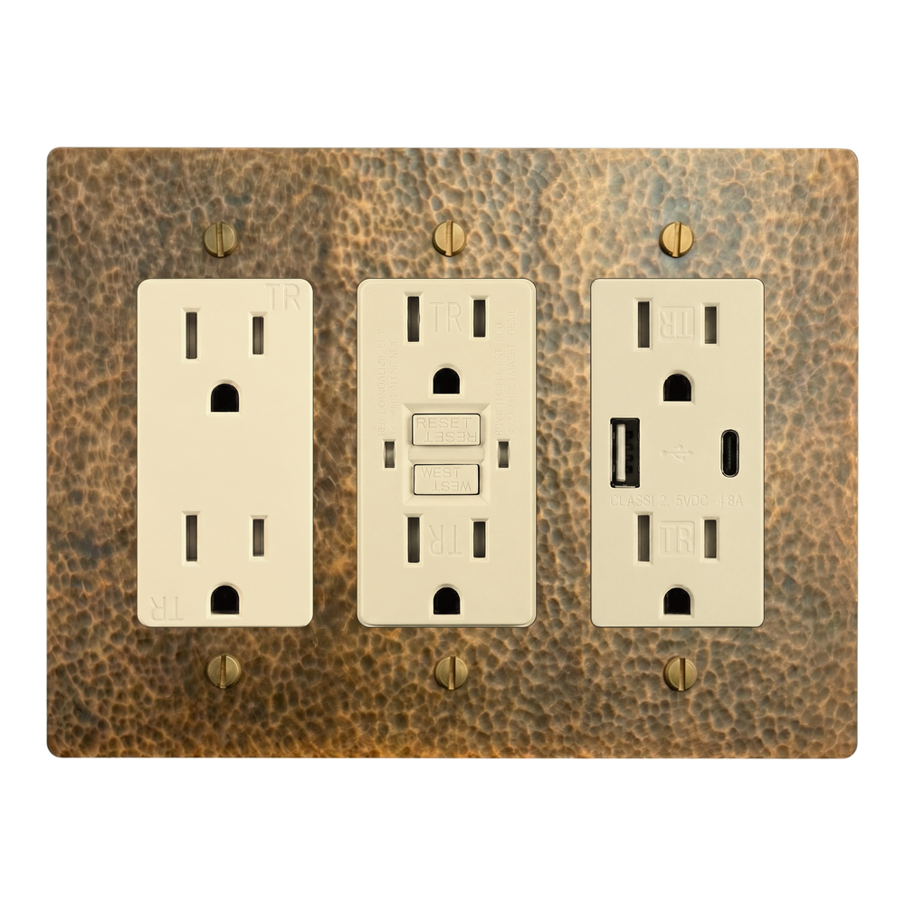 Hammered Brass 3-Gang Duplex Outlet, GFCI Outlet & USB Outlet Switch Plate in Ivory
