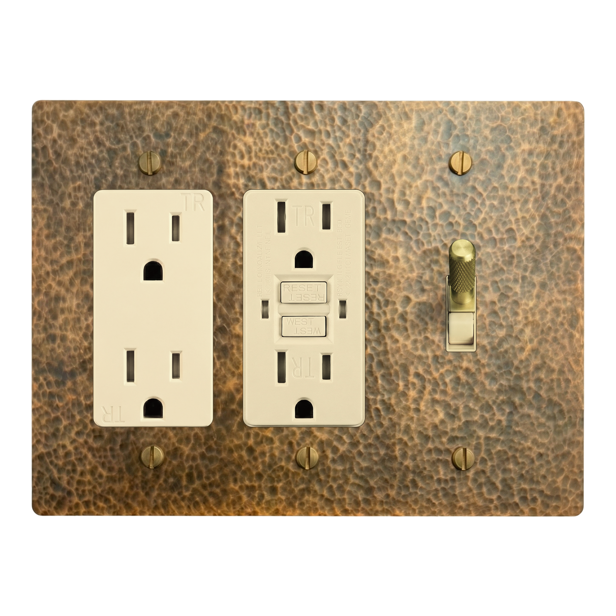 Hammered Brass 3-Gang Duplex Outlet, GFCI Outlet & Toggle Switch Plate in Ivory