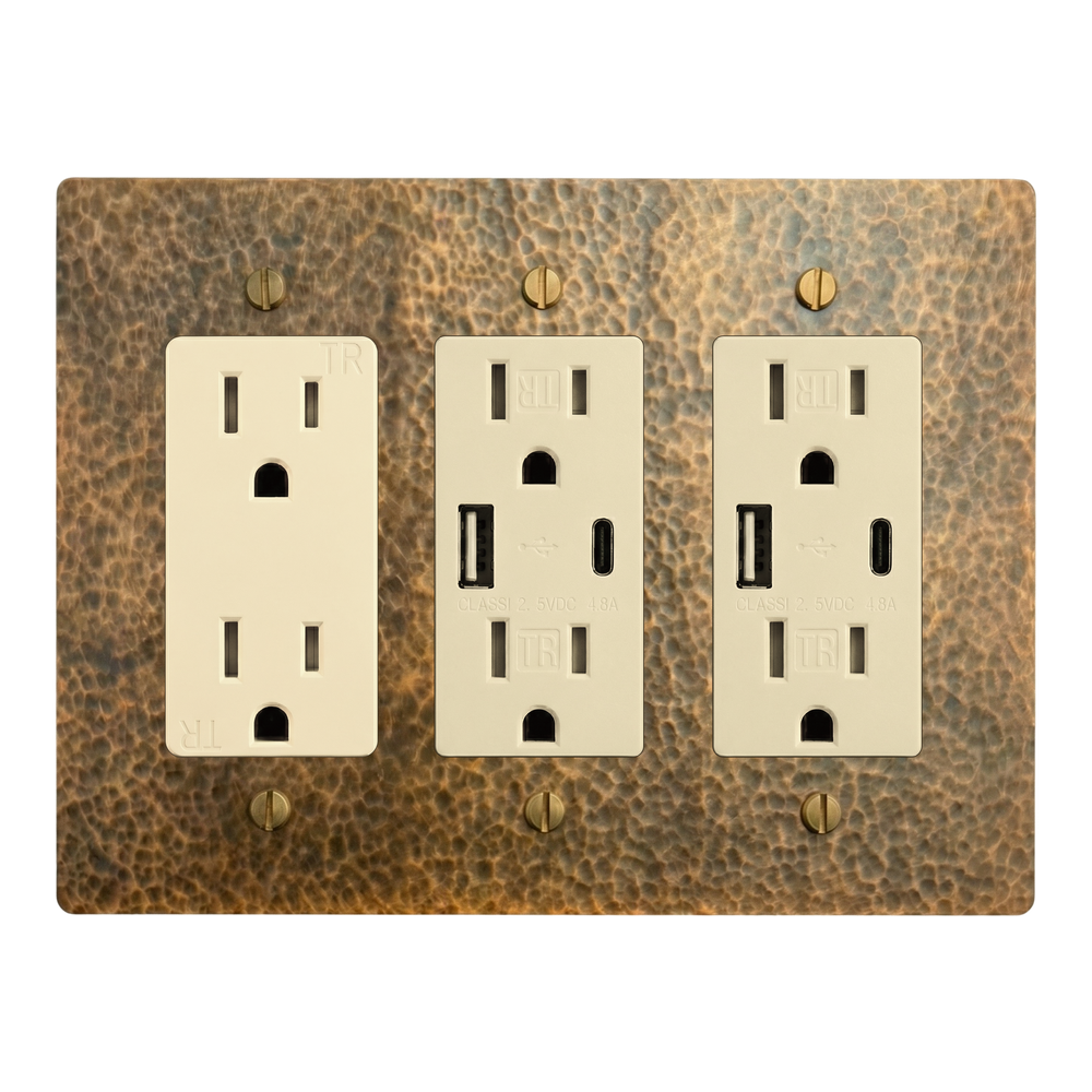 Hammered Brass 3-Gang Duplex Outlet, USB Outlet & USB Outlet Switch Plate in Ivory