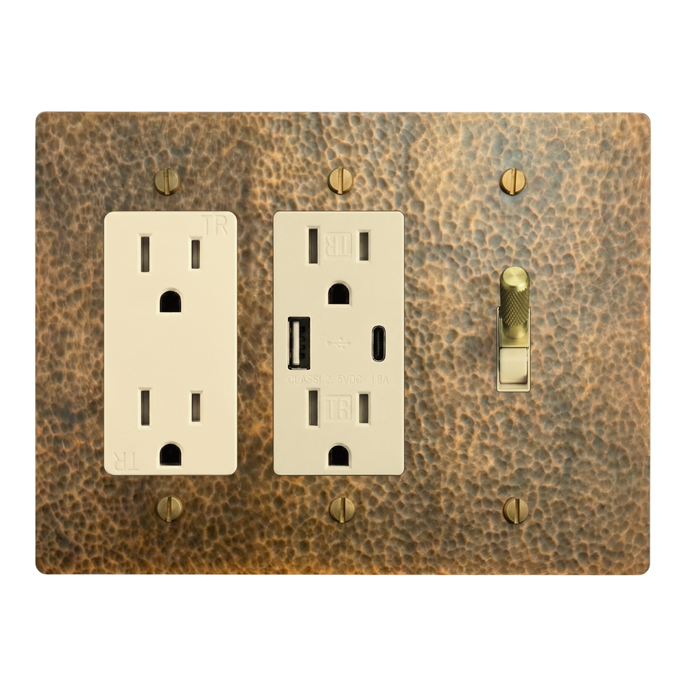Hammered Brass 3-Gang Duplex Outlet, USB Outlet & Toggle Switch Plate in Ivory