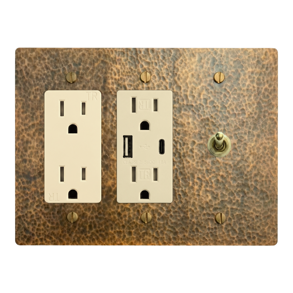 Hammered Brass 3-Gang Duplex Outlet, USB Outlet & Vintage Toggle Switch Plate in Ivory