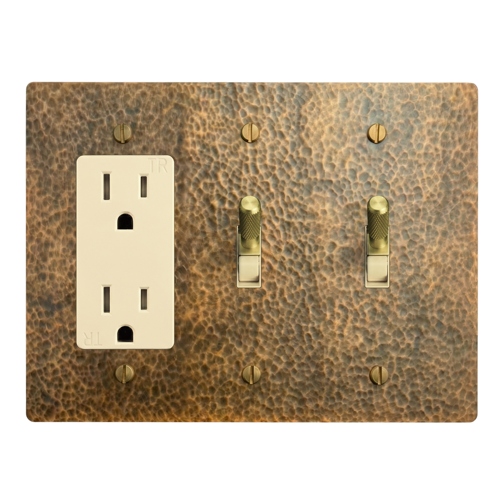 Hammered Brass 3-Gang Duplex Outlet, Toggle & Toggle Switch Plate in Ivory