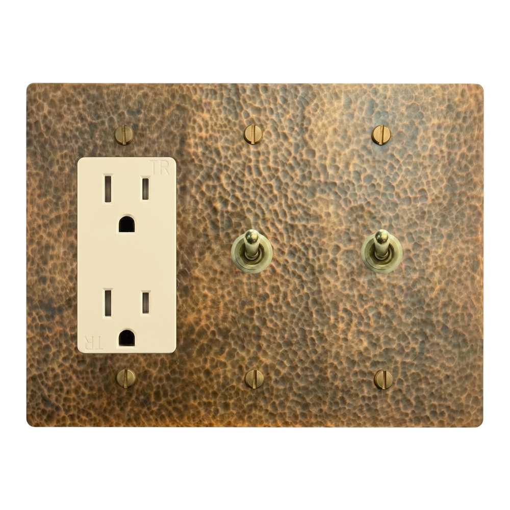 Hammered Brass 3-Gang Duplex Outlet, Vintage Toggle & Vintage Toggle Switch Plate in Ivory
