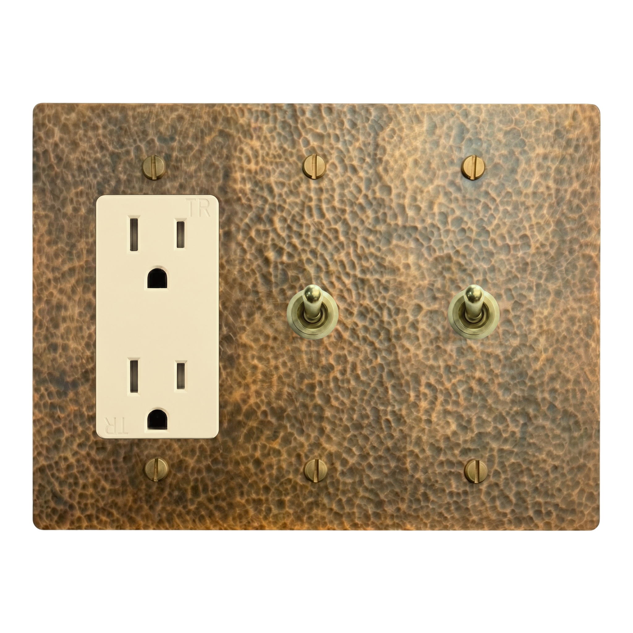 Hammered Brass 3-Gang Duplex Outlet, Vintage Toggle & Vintage Toggle Switch Plate in Ivory