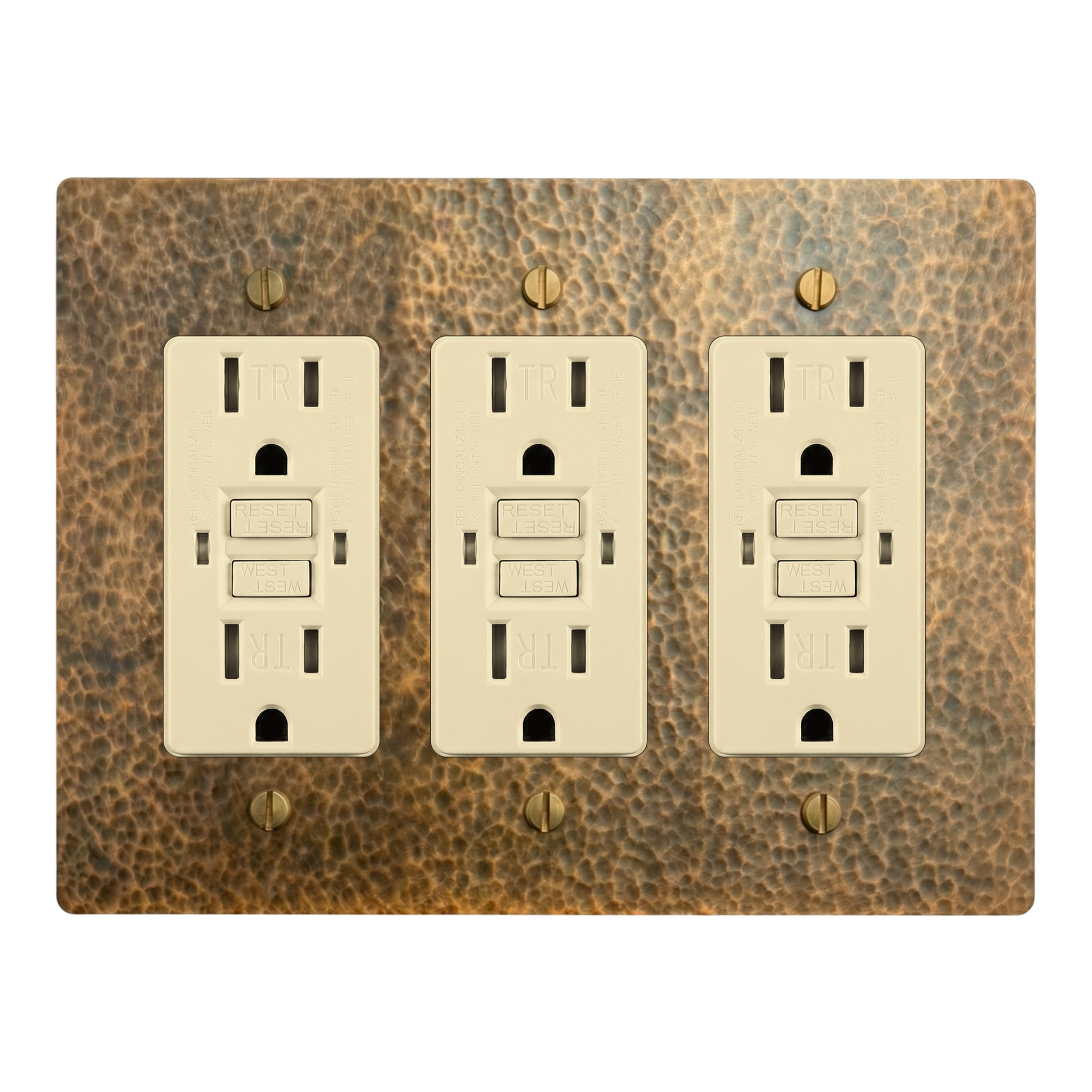 Hammered Brass 3-Gang GFCI Outlet, GFCI Outlet & GFCI Outlet Switch Plate in Ivory