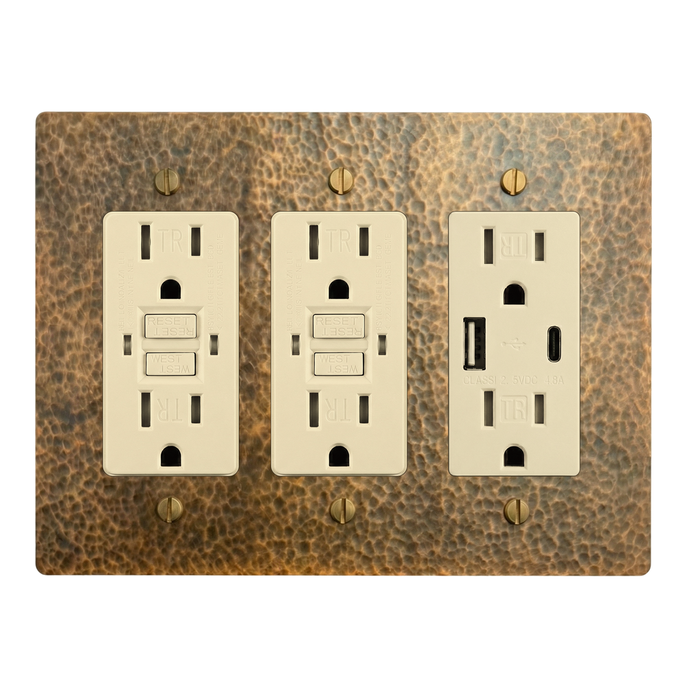 Hammered Brass 3-Gang GFCI Outlet, GFCI Outlet & USB Outlet Switch Plate in Ivory