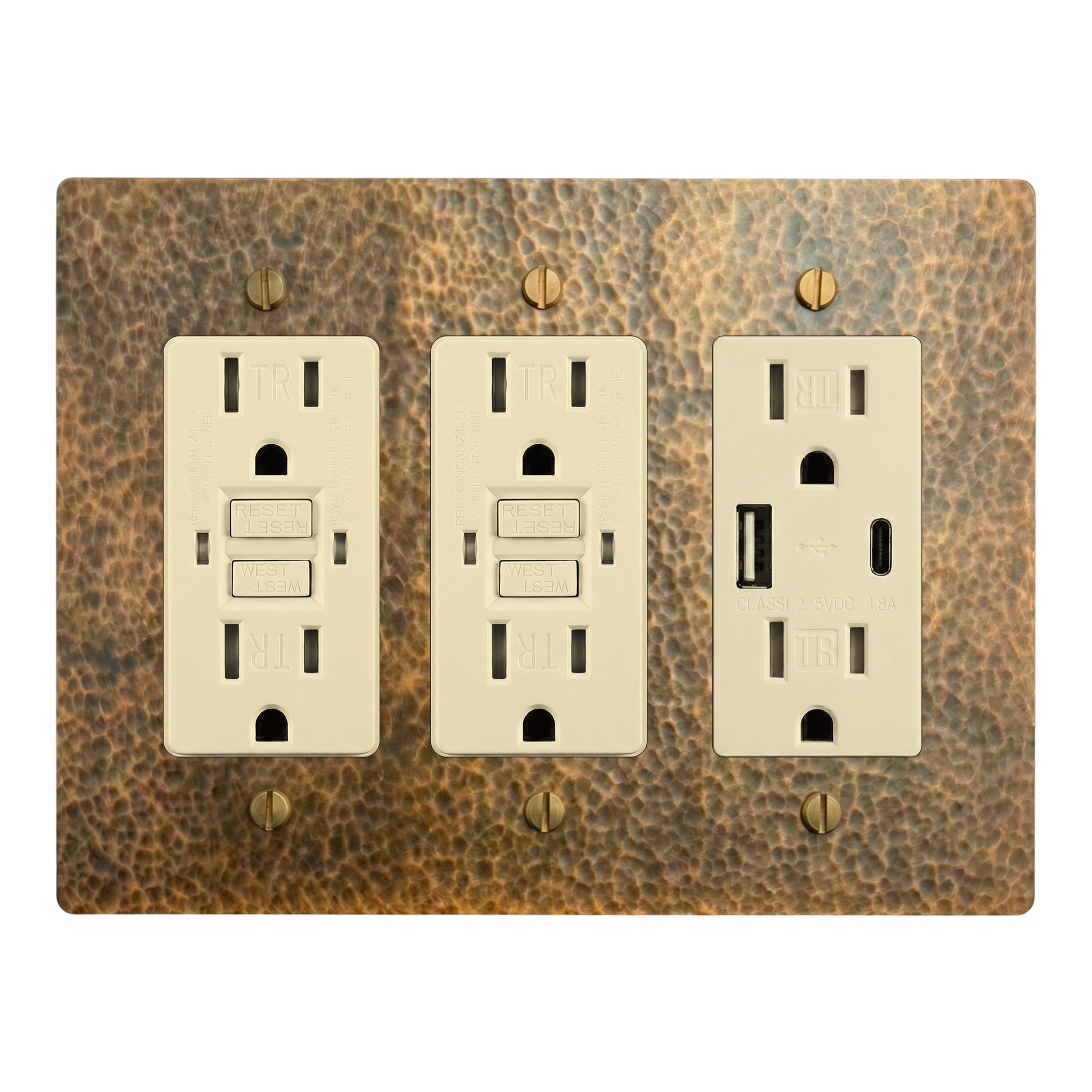 Hammered Brass 3-Gang GFCI Outlet, GFCI Outlet & USB Outlet Switch Plate in Ivory