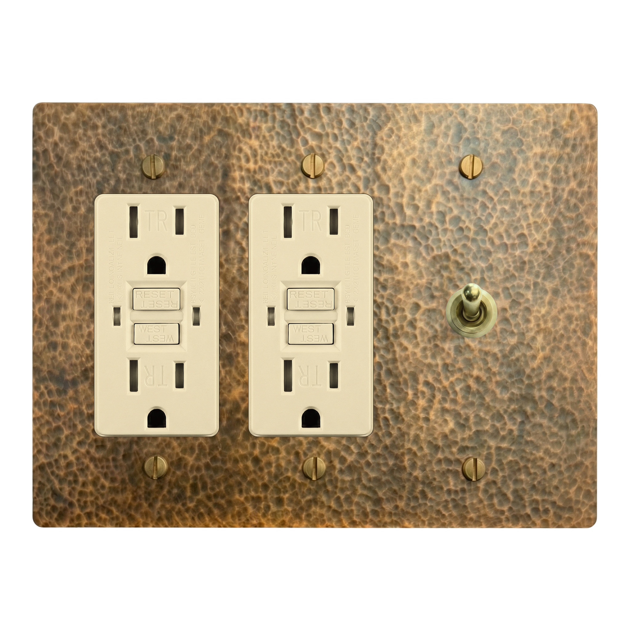 Hammered Brass 3-Gang GFCI Outlet, GFCI Outlet & Vintage Toggle Switch Plate in Ivory