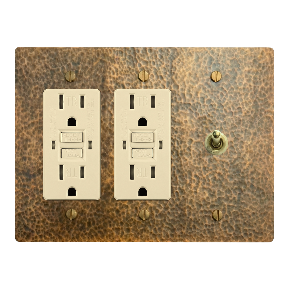 Hammered Brass 3-Gang GFCI Outlet, GFCI Outlet & Vintage Toggle Switch Plate in Ivory