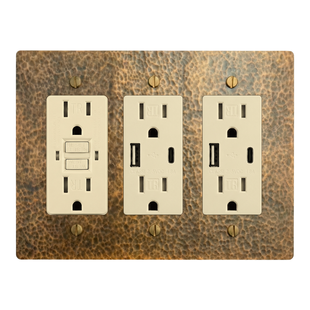 Hammered Brass 3-Gang GFCI Outlet, USB Outlet & USB Outlet Switch Plate in Ivory