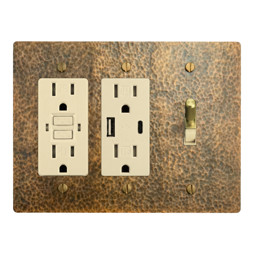 Hammered Brass 3-Gang GFCI Outlet, USB Outlet & Toggle Switch Plate in Ivory