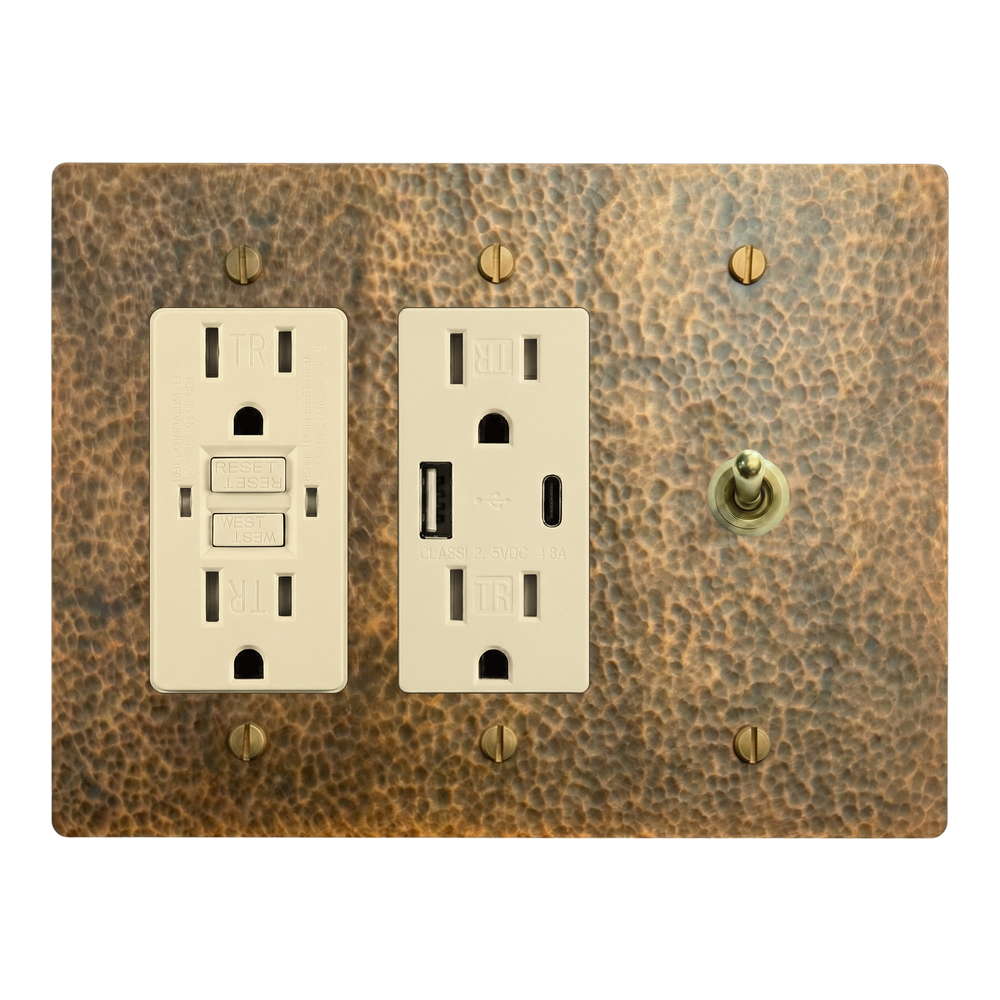 Hammered Brass 3-Gang GFCI Outlet, USB Outlet & Vintage Toggle Switch Plate in Ivory