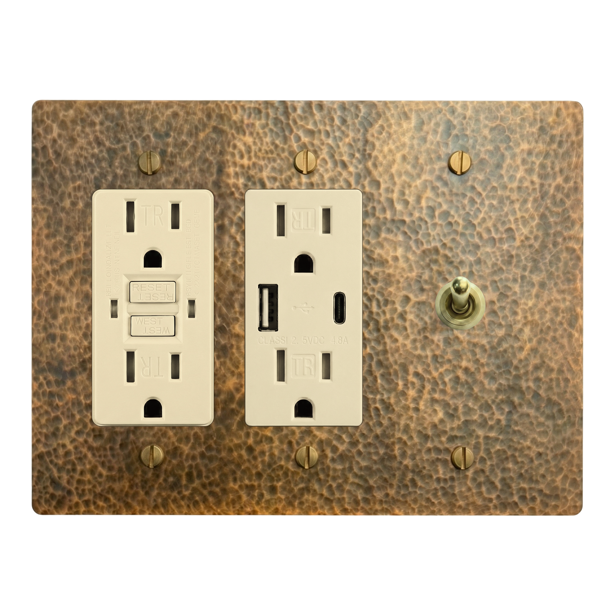 Hammered Brass 3-Gang GFCI Outlet, USB Outlet & Vintage Toggle Switch Plate in Ivory