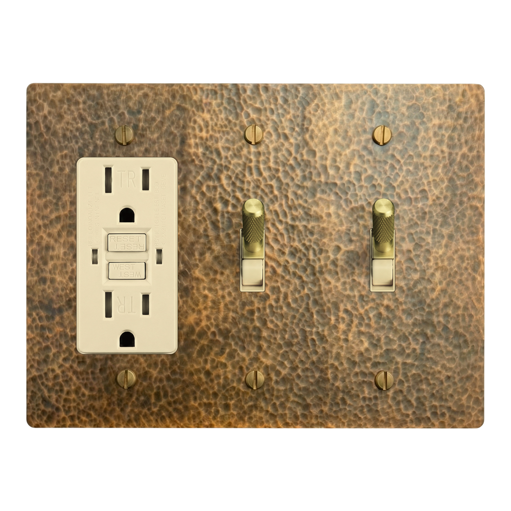 Hammered Brass 3-Gang GFCI Outlet, Toggle & Toggle Switch Plate in Ivory