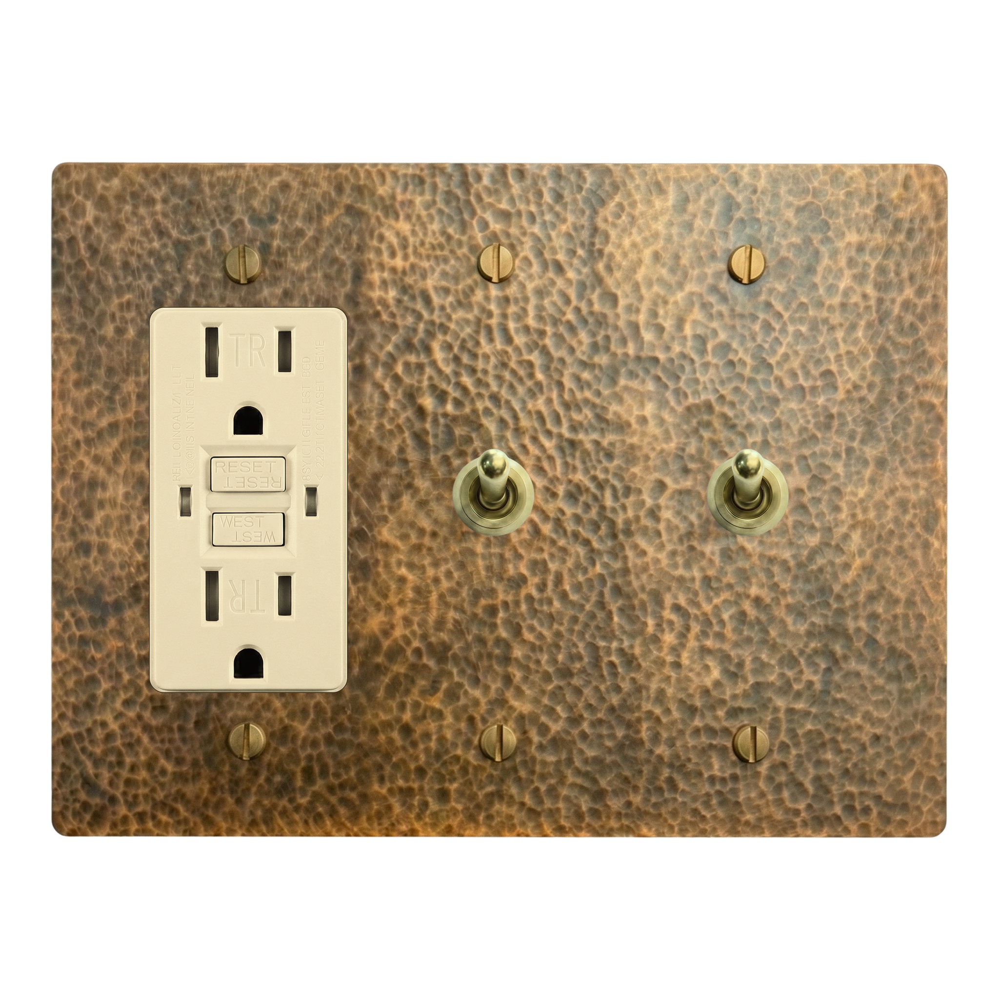 Hammered Brass 3-Gang GFCI Outlet, Vintage Toggle & Vintage Toggle Switch Plate in Ivory