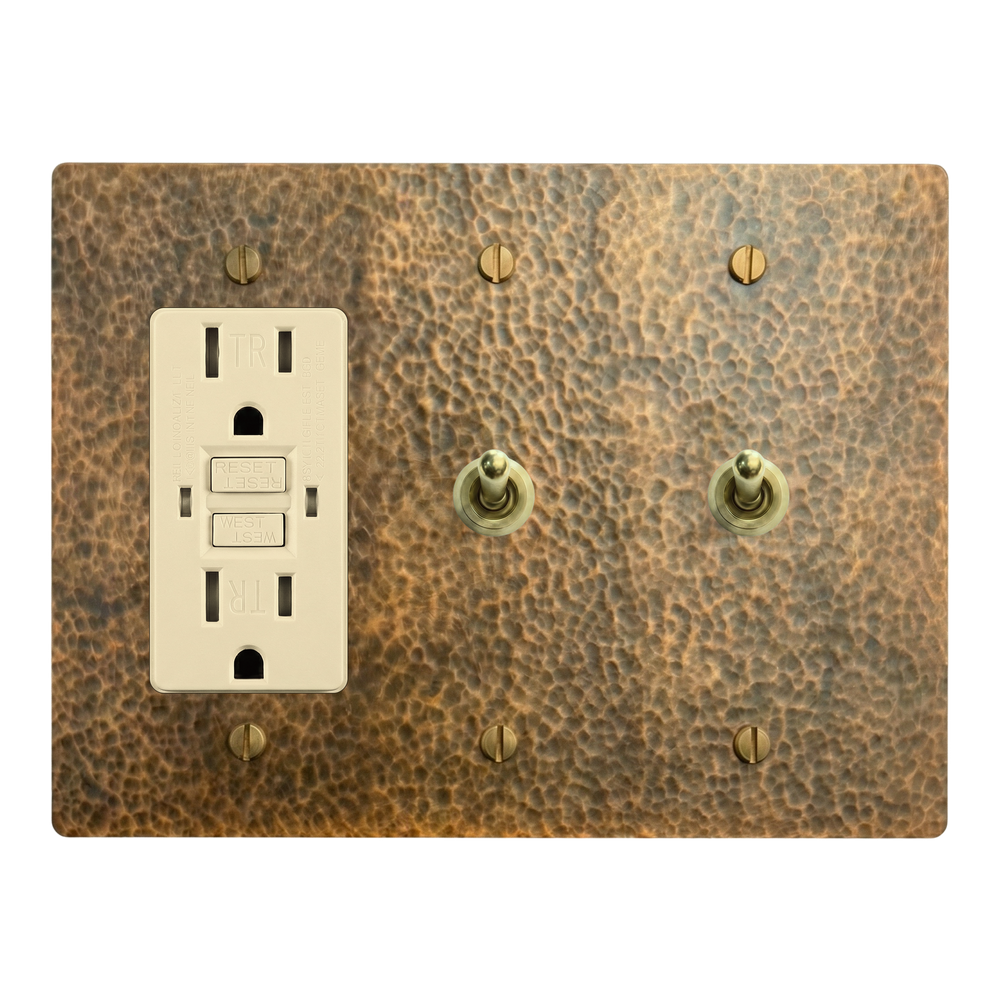 Hammered Brass 3-Gang GFCI Outlet, Vintage Toggle & Vintage Toggle Switch Plate in Ivory
