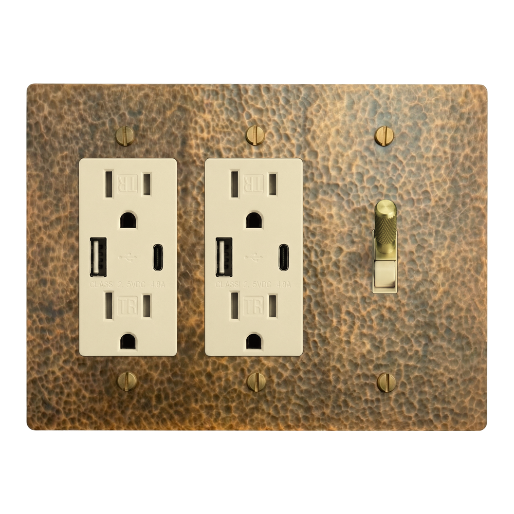 Hammered Brass 3-Gang USB Outlet, USB Outlet & Toggle Switch Plate in Ivory