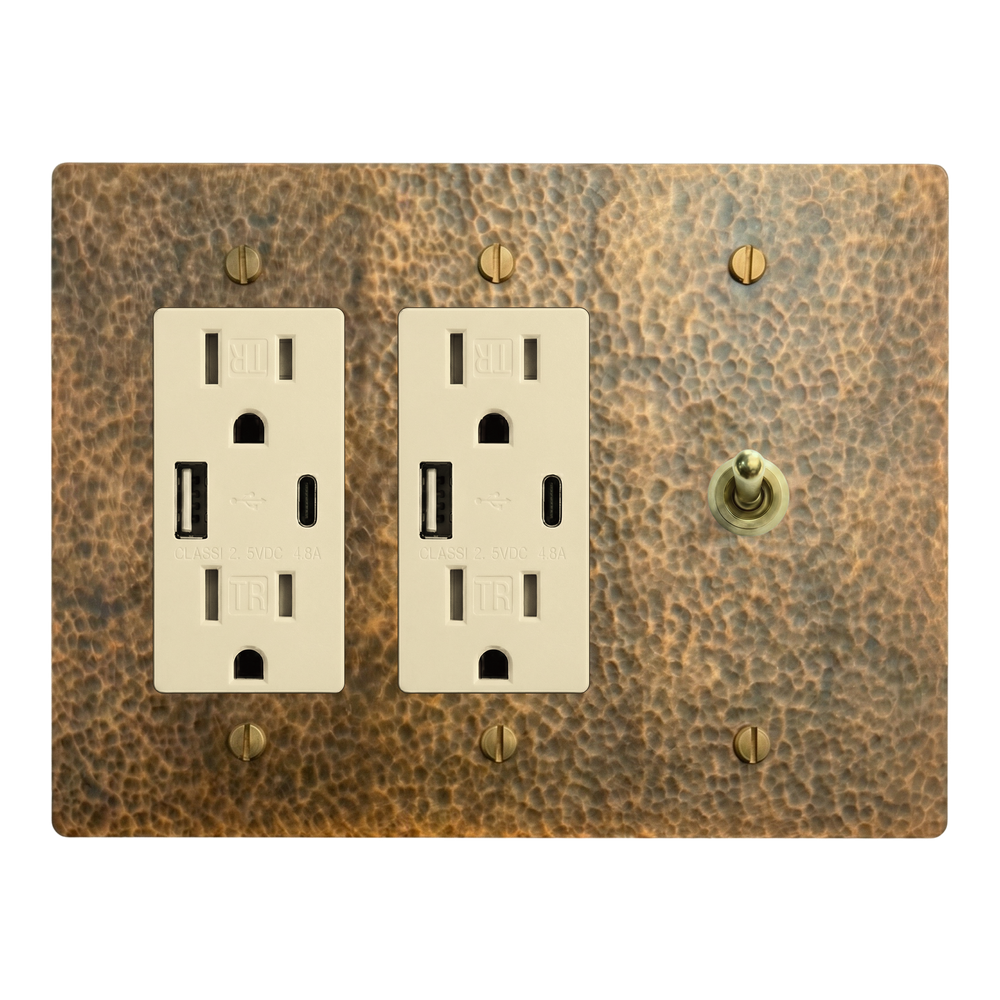 Hammered Brass 3-Gang USB Outlet, USB Outlet & Vintage Toggle Switch Plate in Ivory