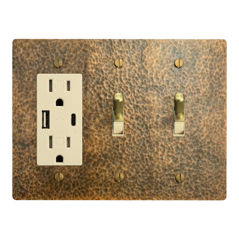 Hammered Brass 3-Gang USB Outlet, Toggle & Toggle Switch Plate in Ivory