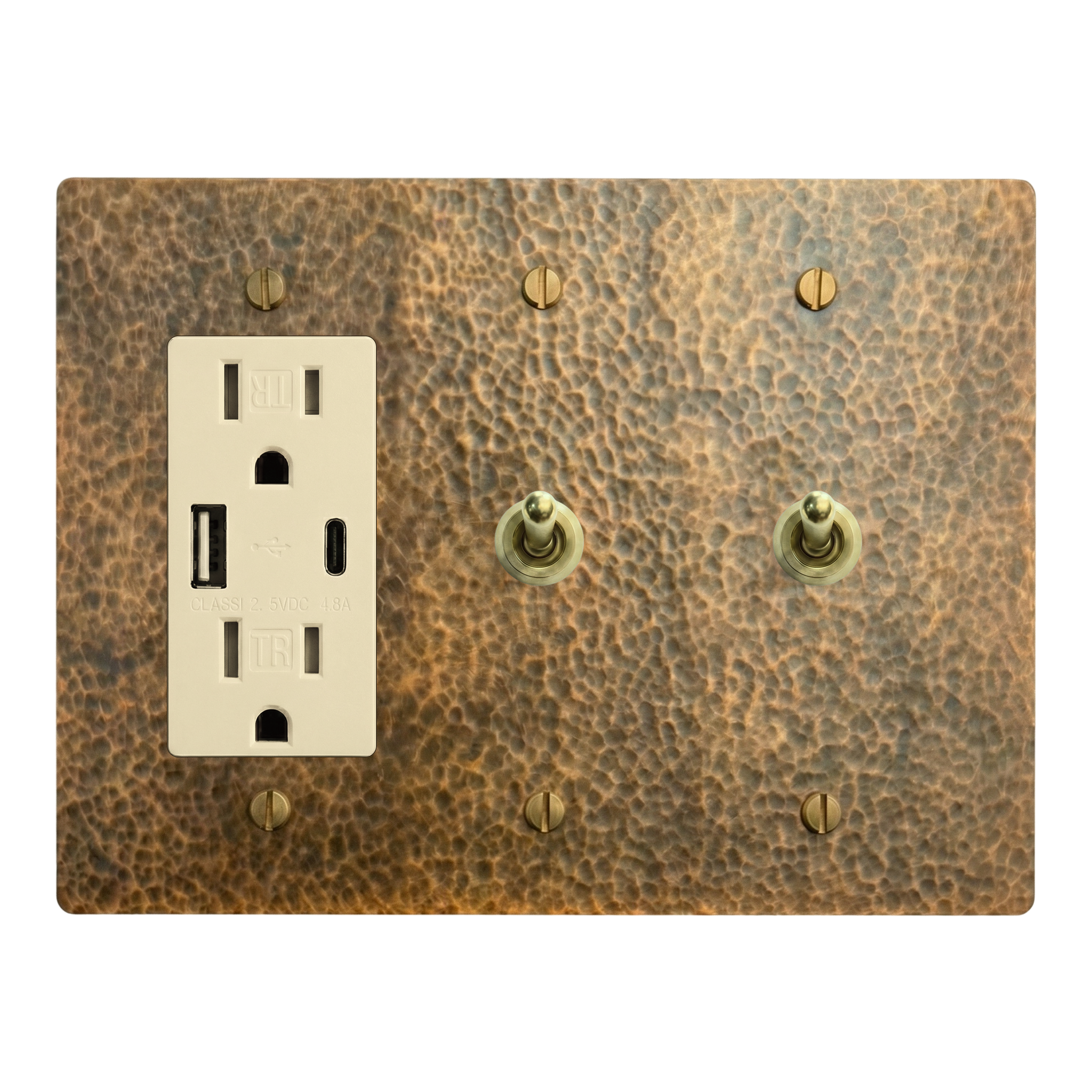 Hammered Brass 3-Gang USB Outlet, Vintage Toggle & Vintage Toggle Switch Plate in Ivory