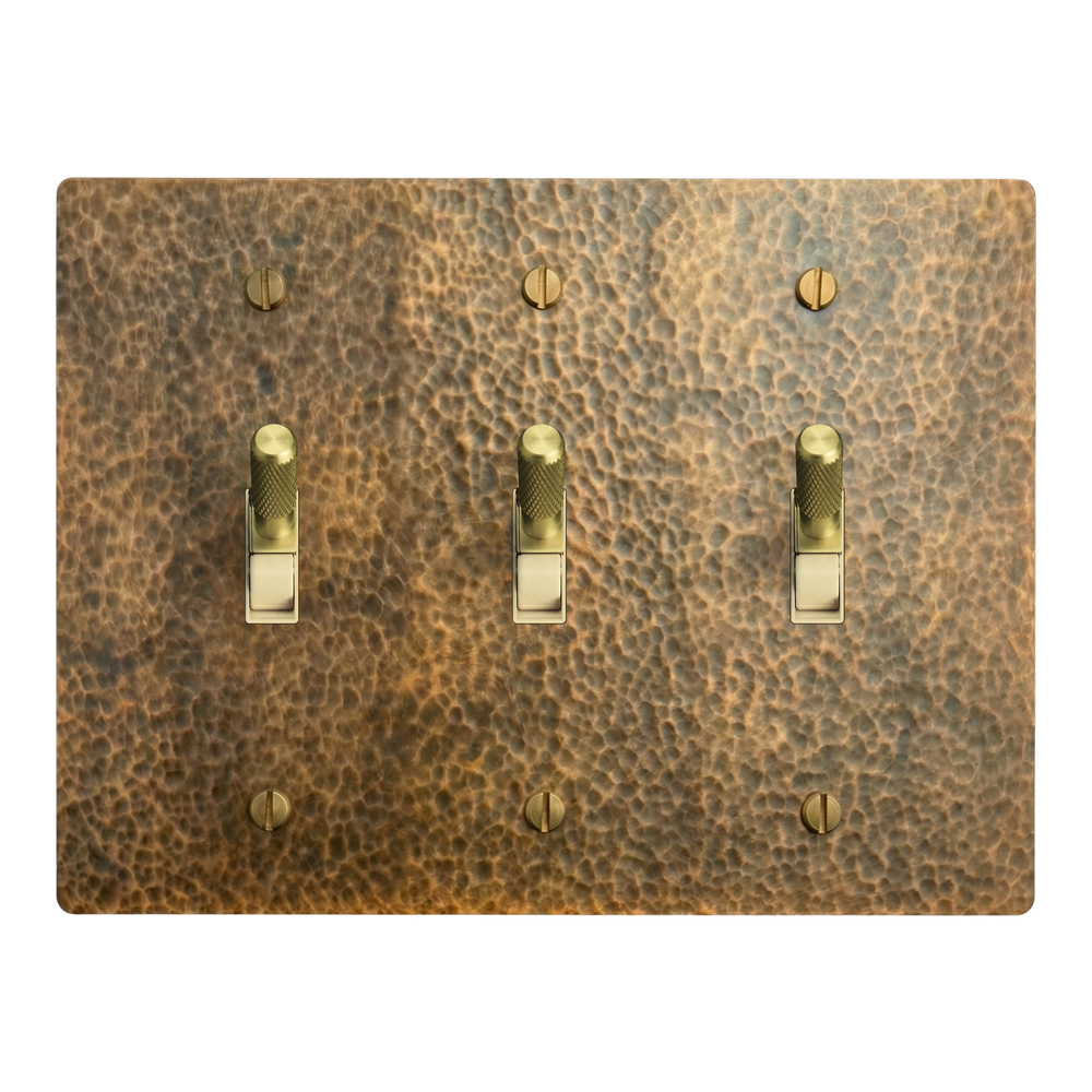 Hammered Brass 3-Gang Toggle, Toggle & Toggle Switch Plate in Ivory