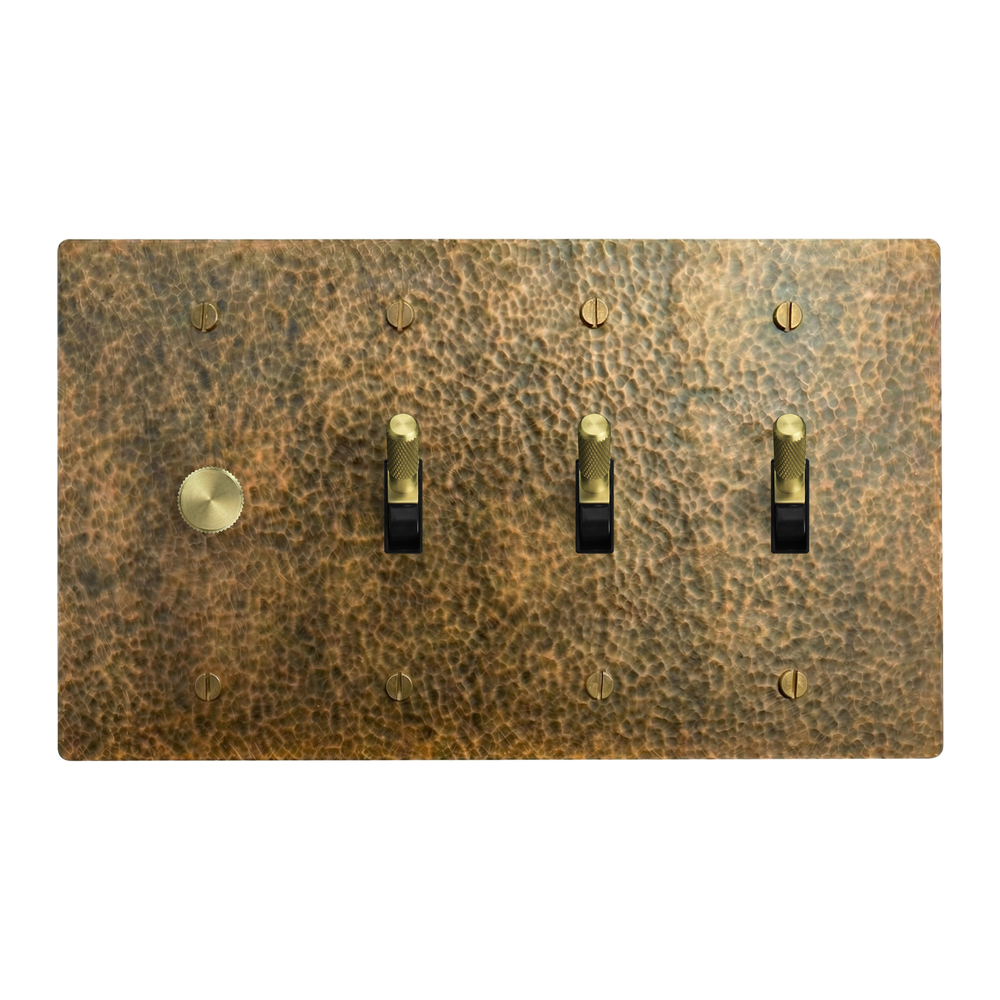 Hammered Brass 4-Gang Dimmer, Toggle, Toggle & Toggle Switch Plate in Black