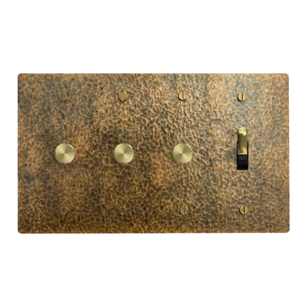 Hammered Brass 4-Gang Dimmer, Dimmer, Dimmer & Toggle Switch Plate in Black