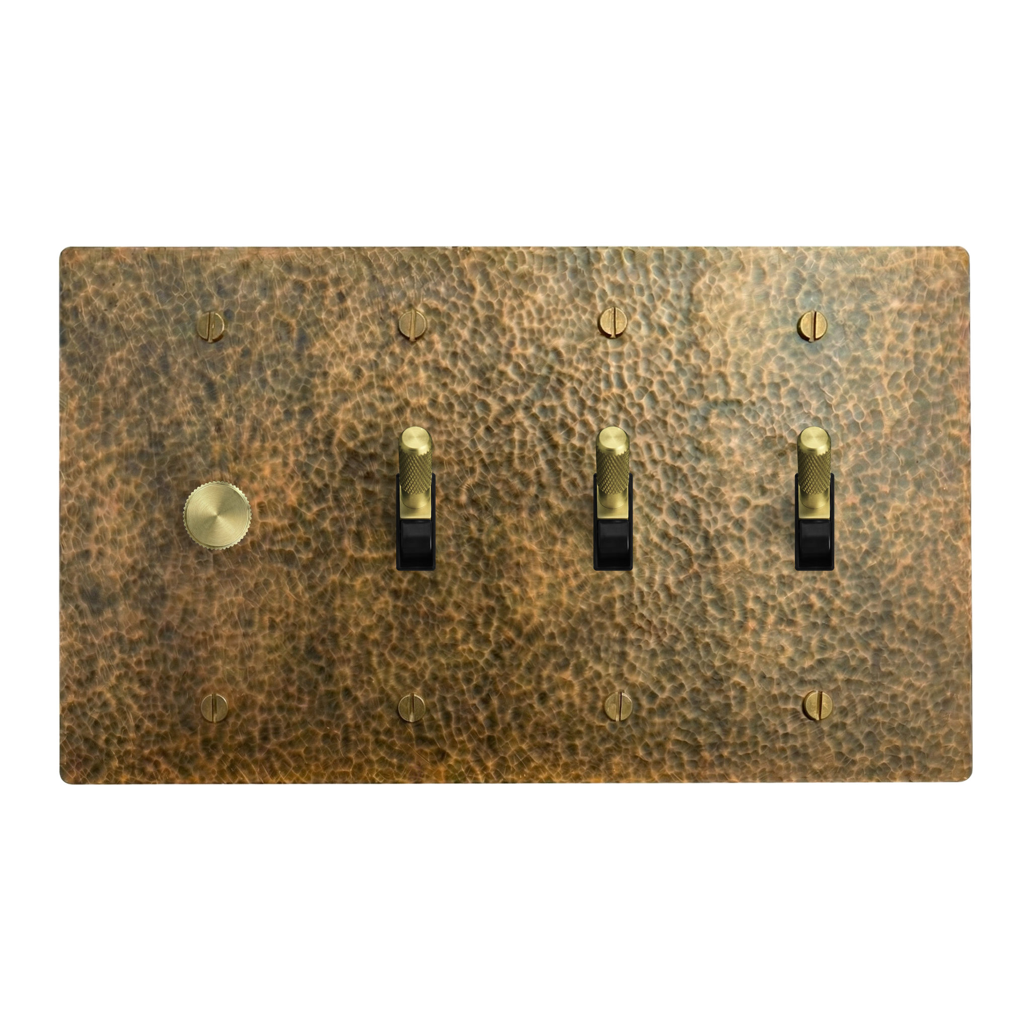 Hammered Brass 4-Gang Dimmer, Toggle, Toggle & Toggle Switch Plate in Black