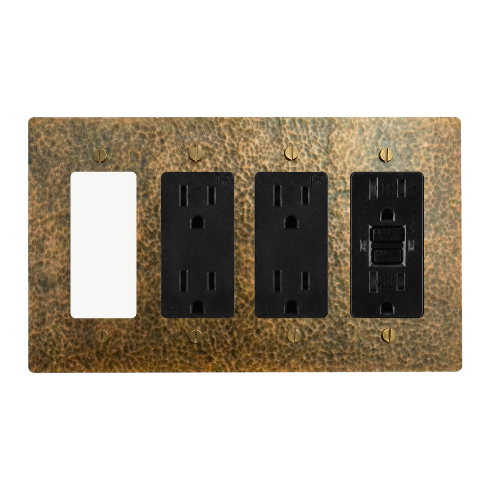 Hammered Brass 4-Gang Decora, Duplex Outlet, Duplex Outlet & GFCI Outlet Switch Plate in Black