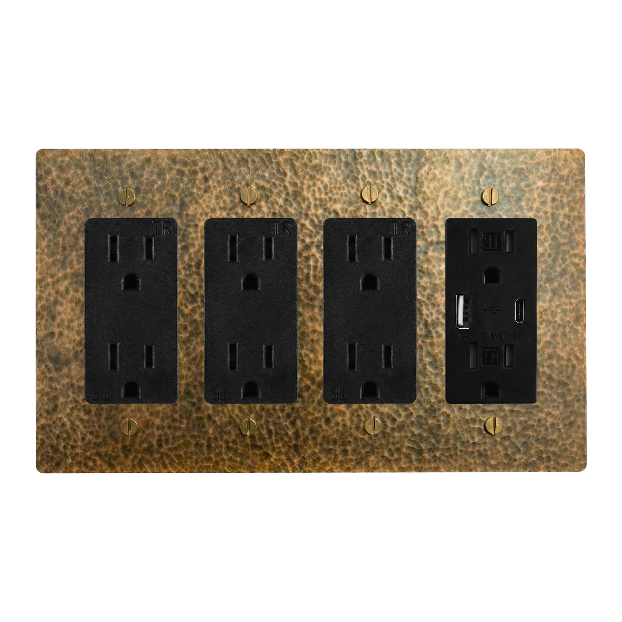 Hammered Brass 4-Gang Duplex Outlet, Duplex Outlet, Duplex Outlet & USB Outlet Switch Plate in Black