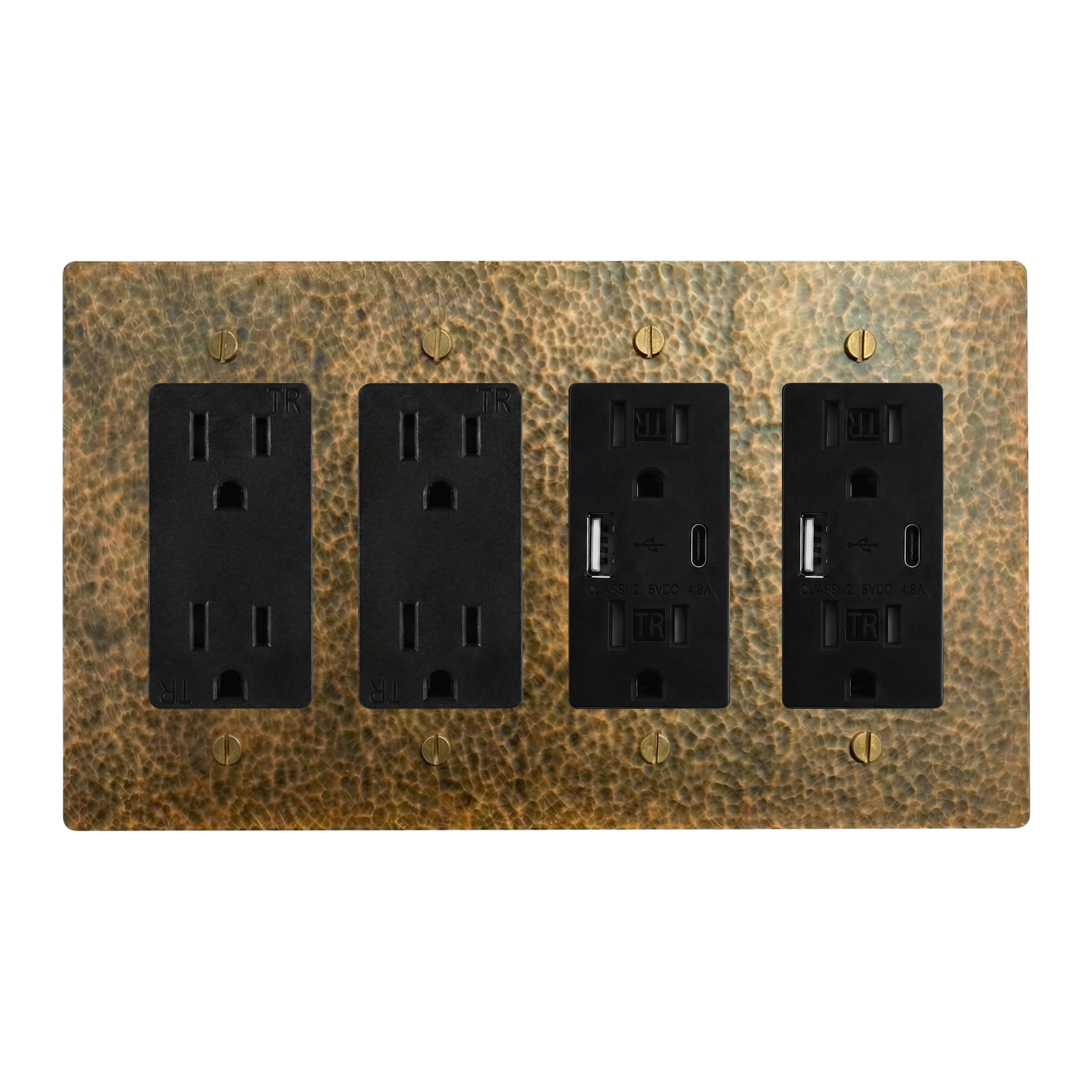 Hammered Brass 4-Gang Duplex Outlet, Duplex Outlet, USB Outlet & USB Outlet Switch Plate in Black