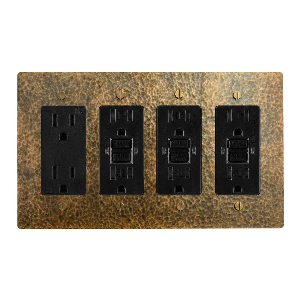 Hammered Brass 4-Gang Duplex Outlet, GFCI Outlet, GFCI Outlet & GFCI Outlet Switch Plate in Black