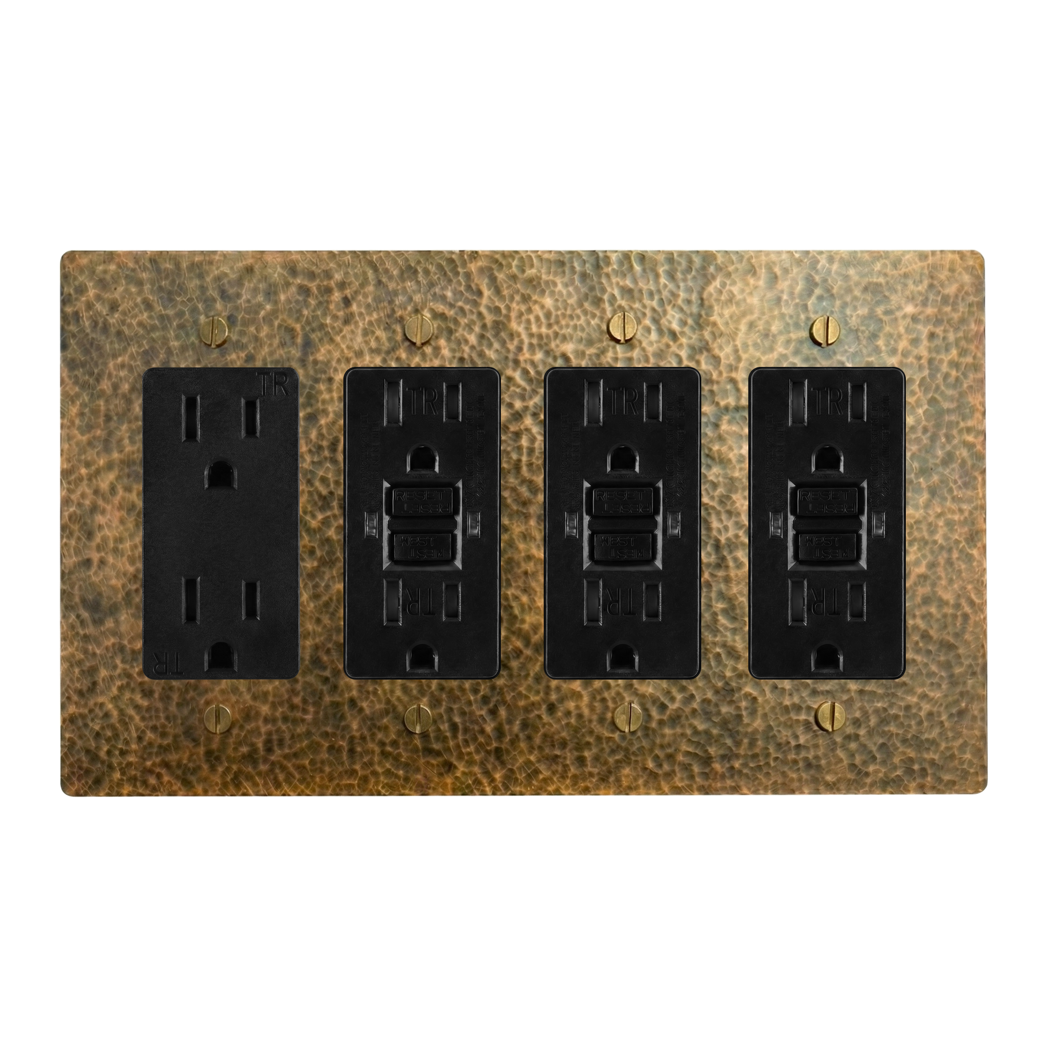 Hammered Brass 4-Gang Duplex Outlet, GFCI Outlet, GFCI Outlet & GFCI Outlet Switch Plate in Black