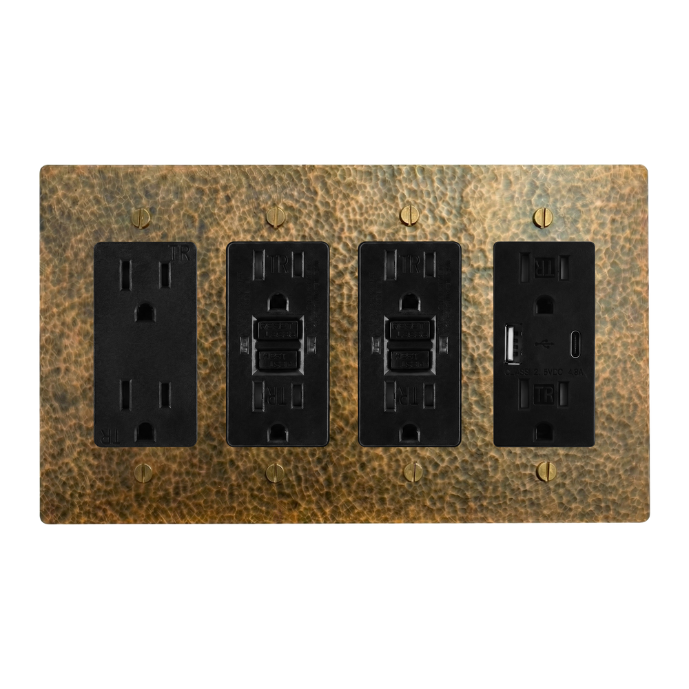 Hammered Brass 4-Gang Duplex Outlet, GFCI Outlet, GFCI Outlet & USB Outlet Switch Plate in Black