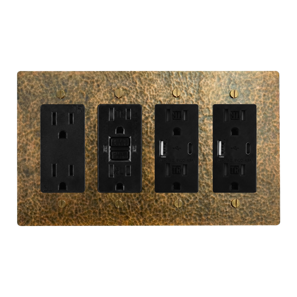 Hammered Brass 4-Gang Duplex Outlet, GFCI Outlet, USB Outlet & USB Outlet Switch Plate in Black