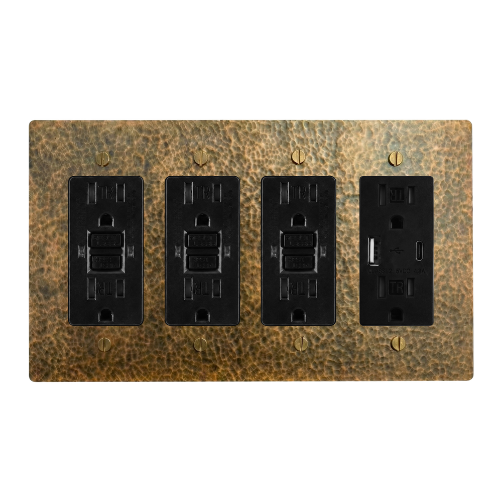 Hammered Brass 4-Gang GFCI Outlet, GFCI Outlet, GFCI Outlet & USB Outlet Switch Plate in Black