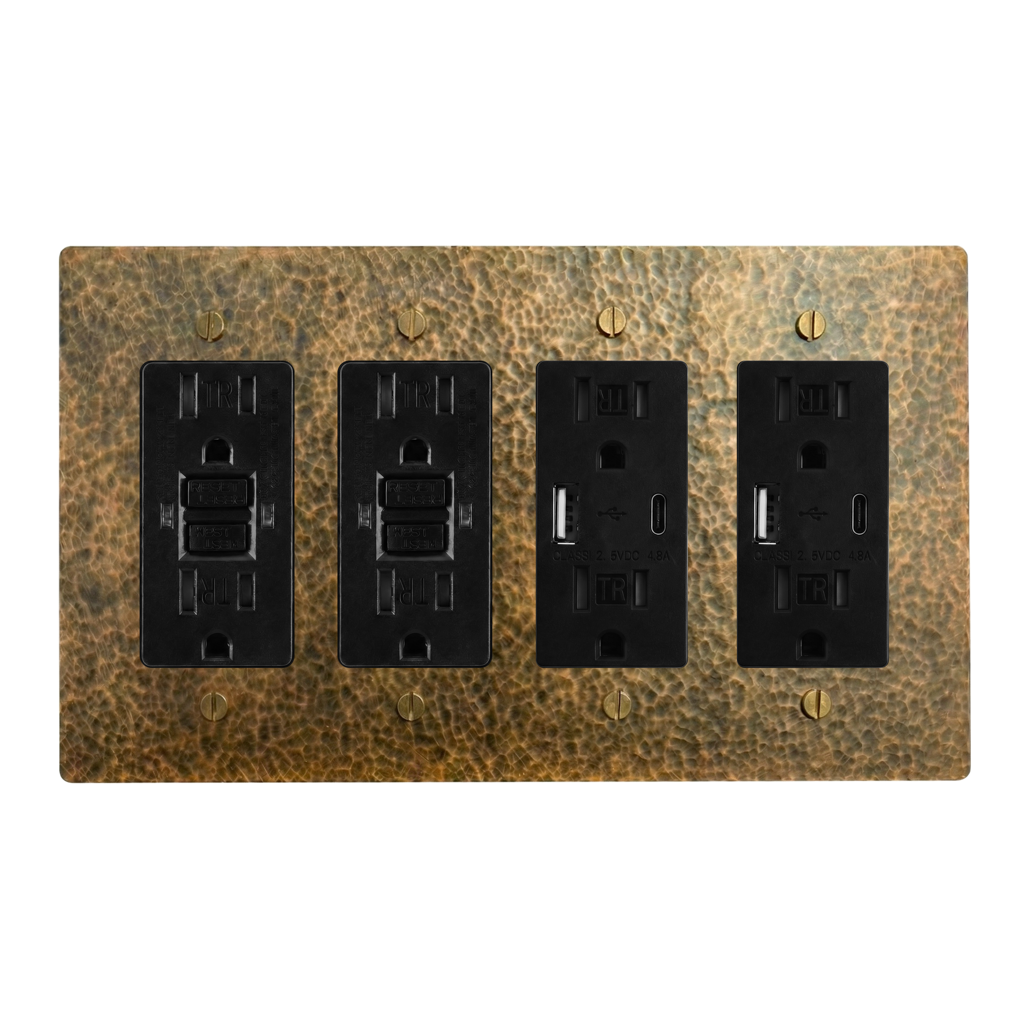 Hammered Brass 4-Gang GFCI Outlet, GFCI Outlet, USB Outlet & USB Outlet Switch Plate in Black