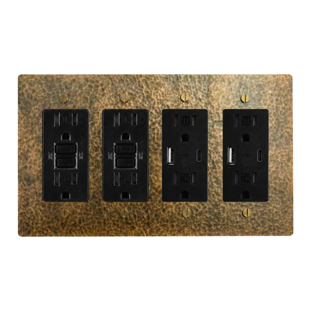 Hammered Brass 4-Gang GFCI Outlet, GFCI Outlet, USB Outlet & USB Outlet Switch Plate in Black